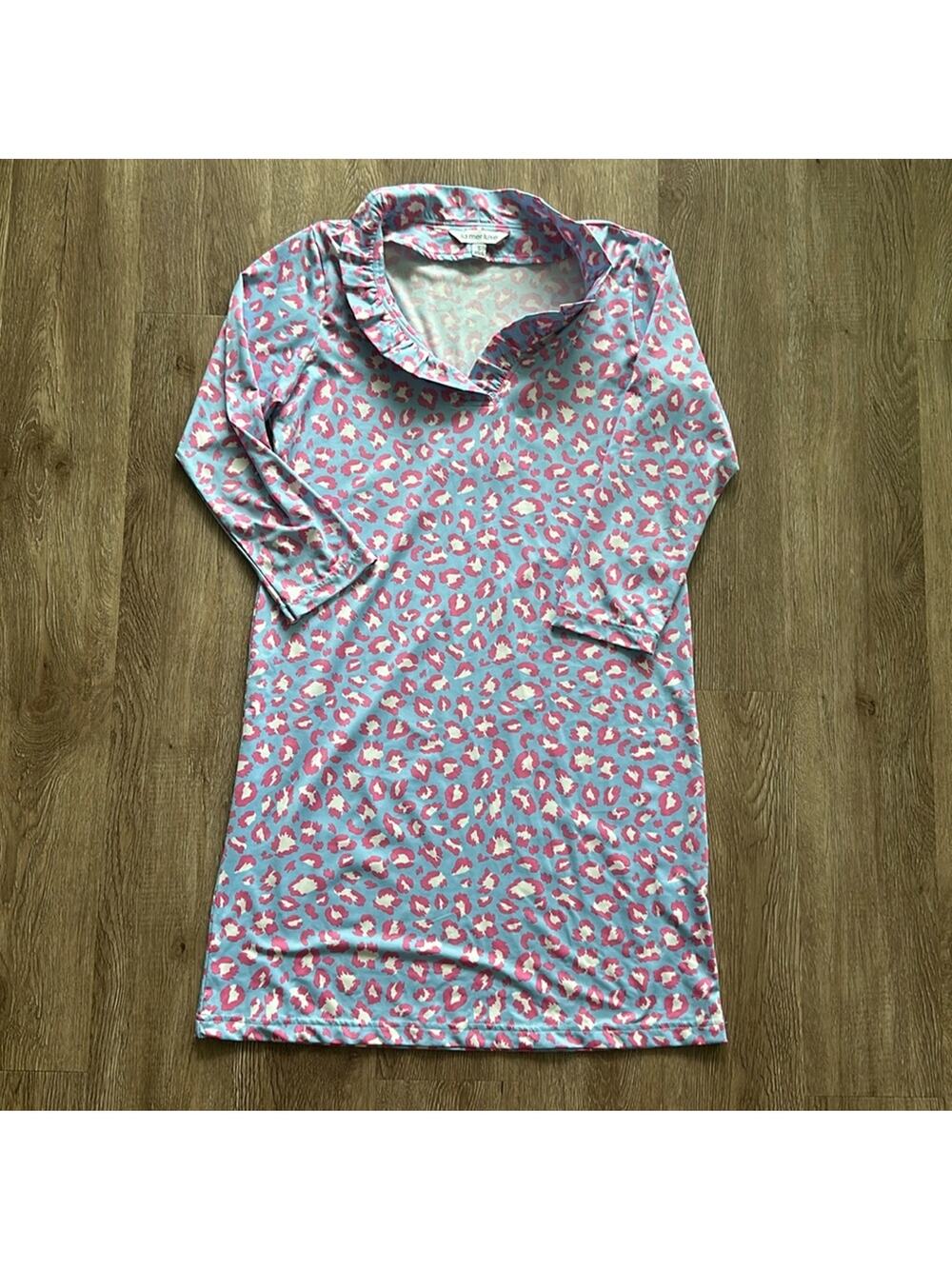 La Mer Luxe Leopard Dress‎ Blue & Pink Size Small Ruffle Collar V-Neck